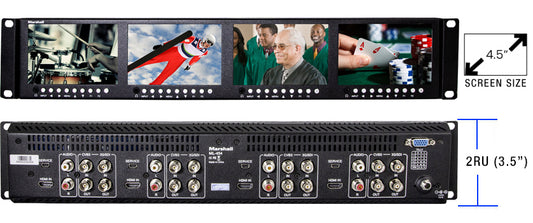 Marshall Electronics Quad 4.5" Rack-Mountable Monitor Unit with 3G-SDI, HDMI & Composite (2 RU)